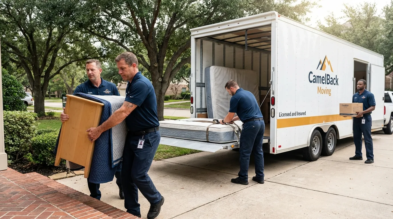 Crew loading residential truck for cross-state move from Downey, CA