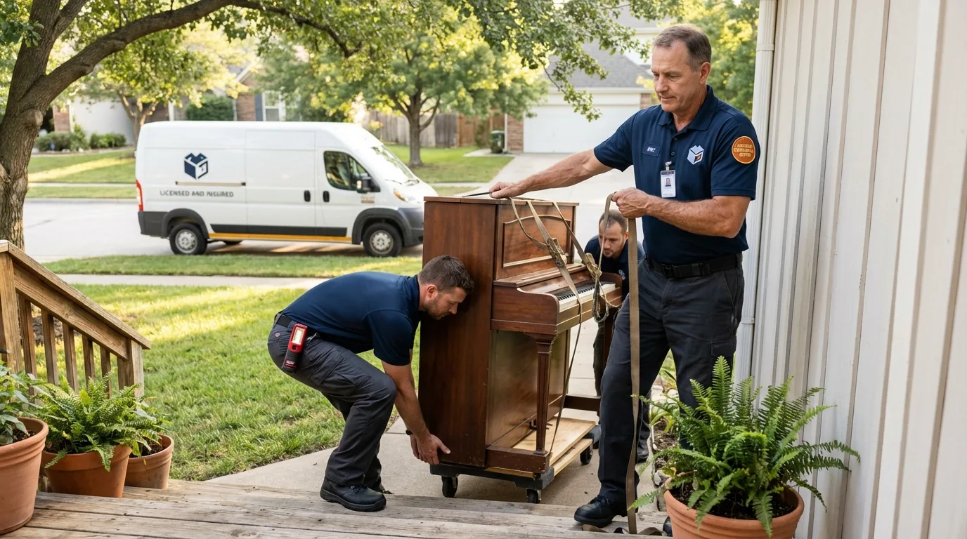 Licensed piano movers securing grand piano in Downey, CA