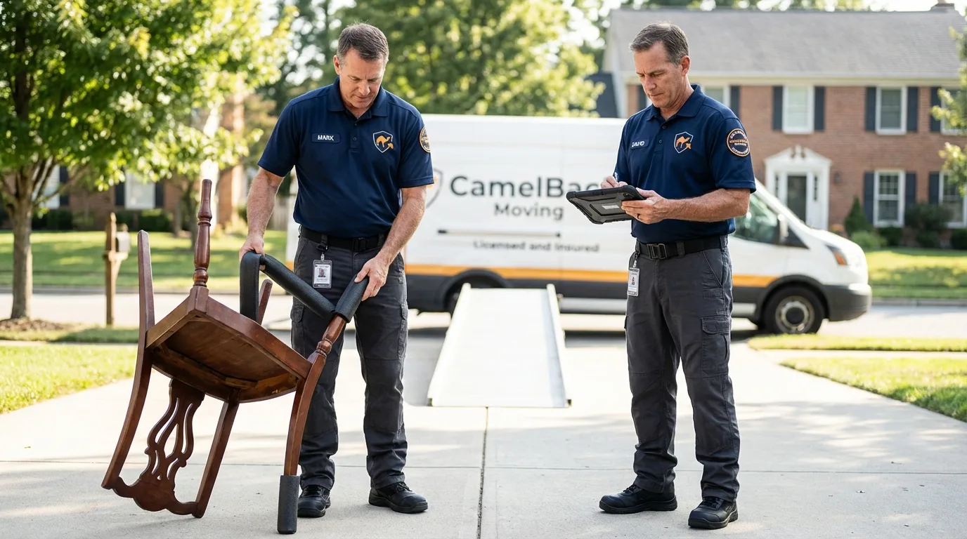 Movers inspecting furniture for damage prevention before loading in Downey, CA