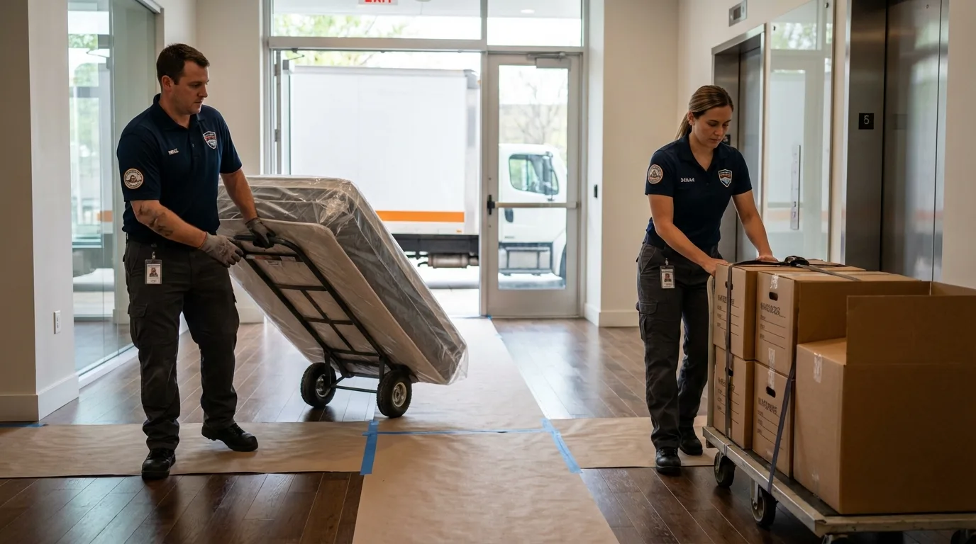Professional apartment movers loading elevator in Downey, CA